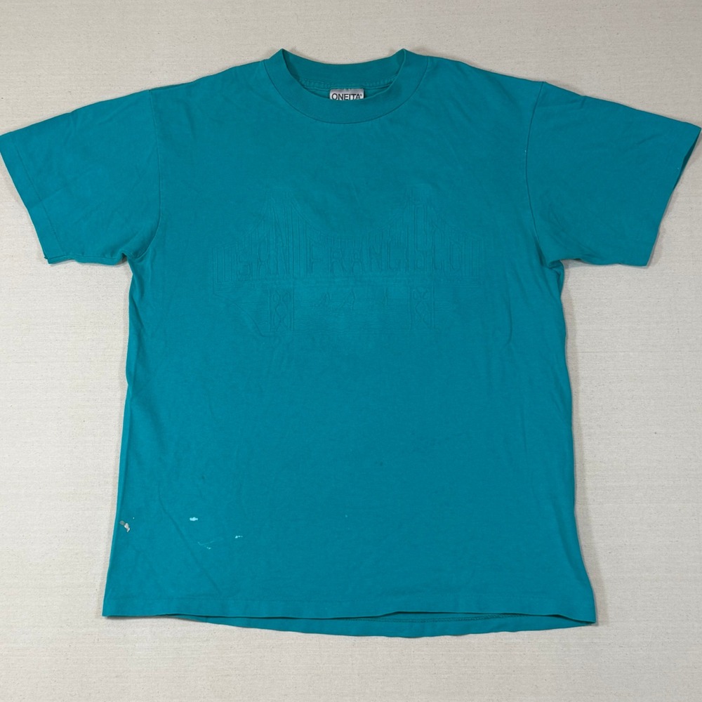 Vintage Oneita Power-T San Francisco Embossed T-Shirt Teal Single Stitch Medium